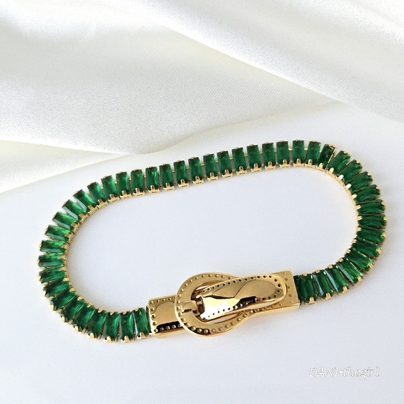 NEW 18K Gold Plated Green Baguette Diamond Tennis Bracelet - Picture 4 of 10